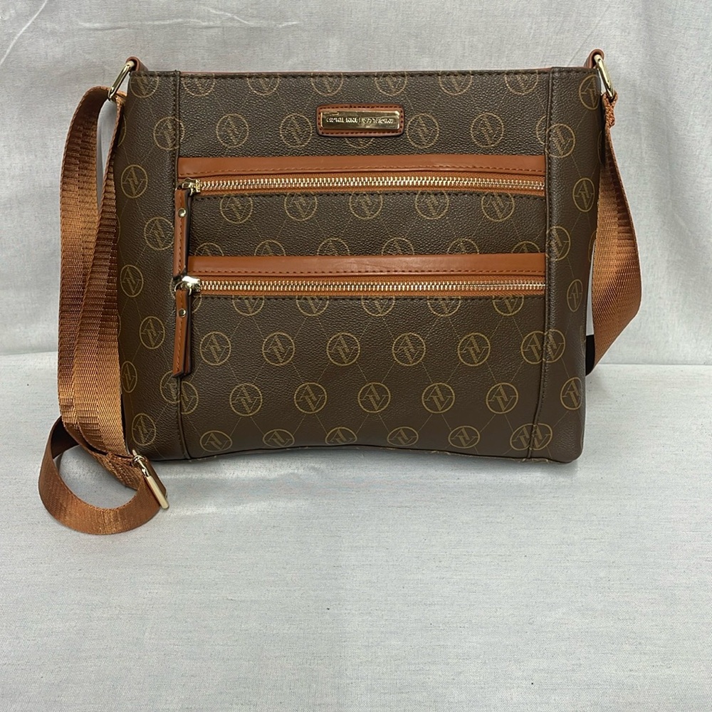 Adrienne Vittadini brown crossbody with adjustable strap, zipper closure